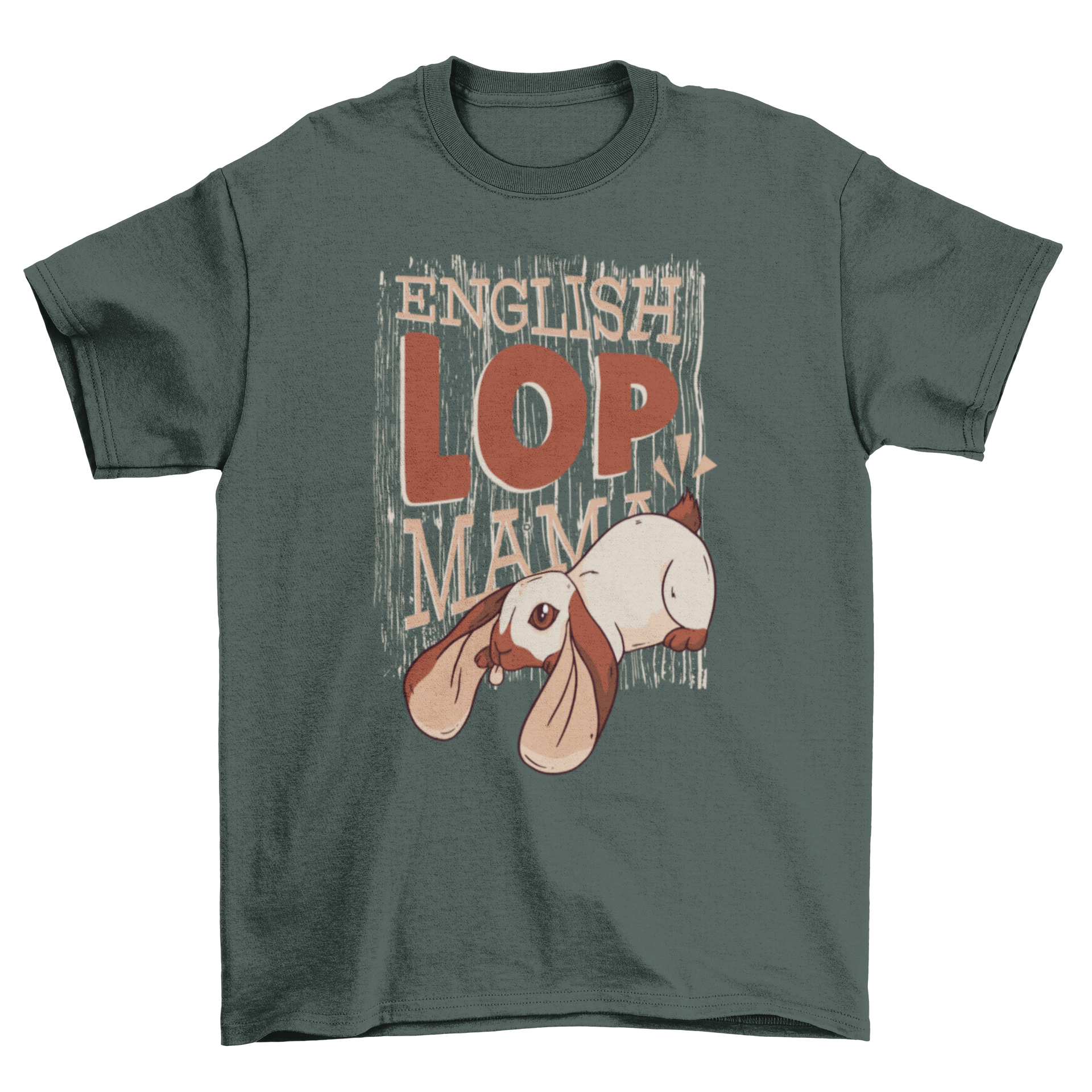 A stylish English Lop Mama T-shirt featuring a brown caption and a cute lop rabbit illustration.