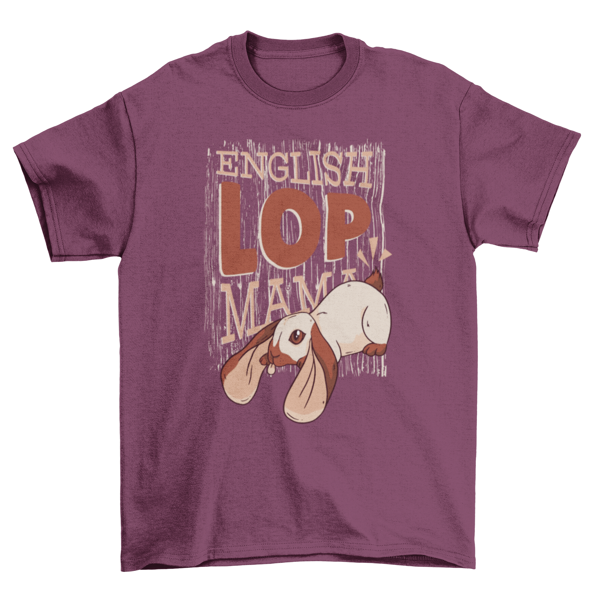 A stylish English Lop Mama T-shirt featuring a brown caption and a cute lop rabbit illustration.