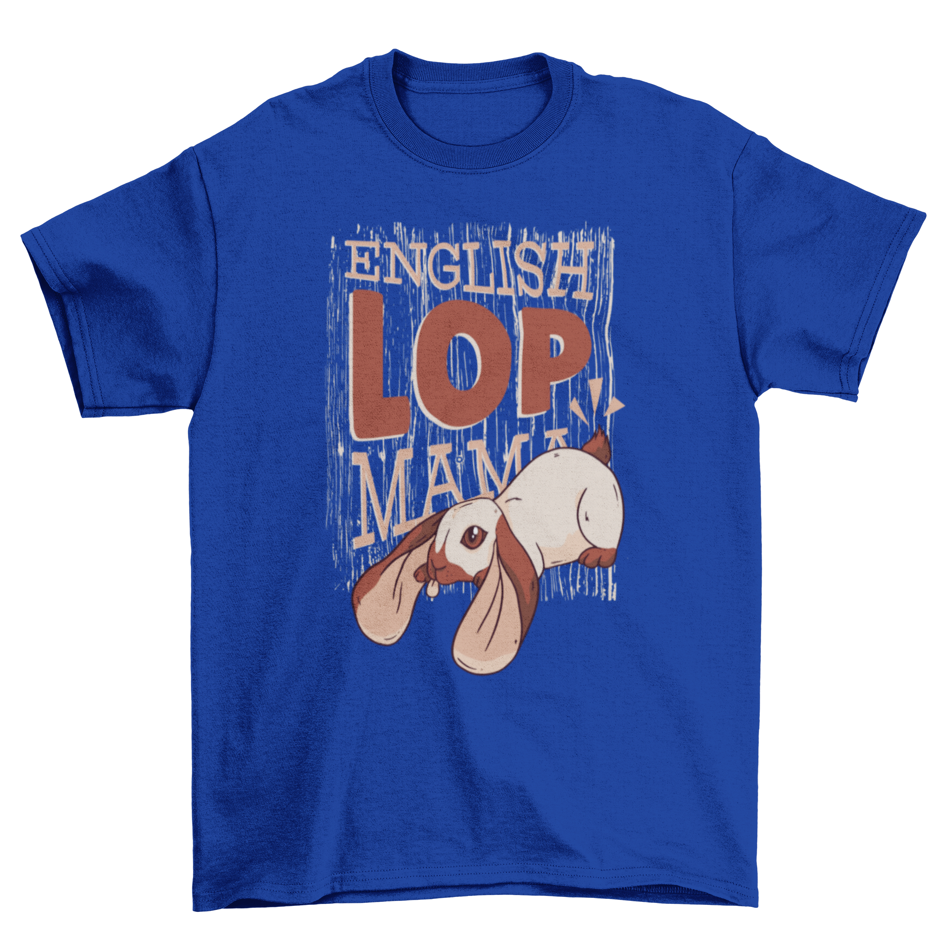 A stylish English Lop Mama T-shirt featuring a brown caption and a cute lop rabbit illustration.