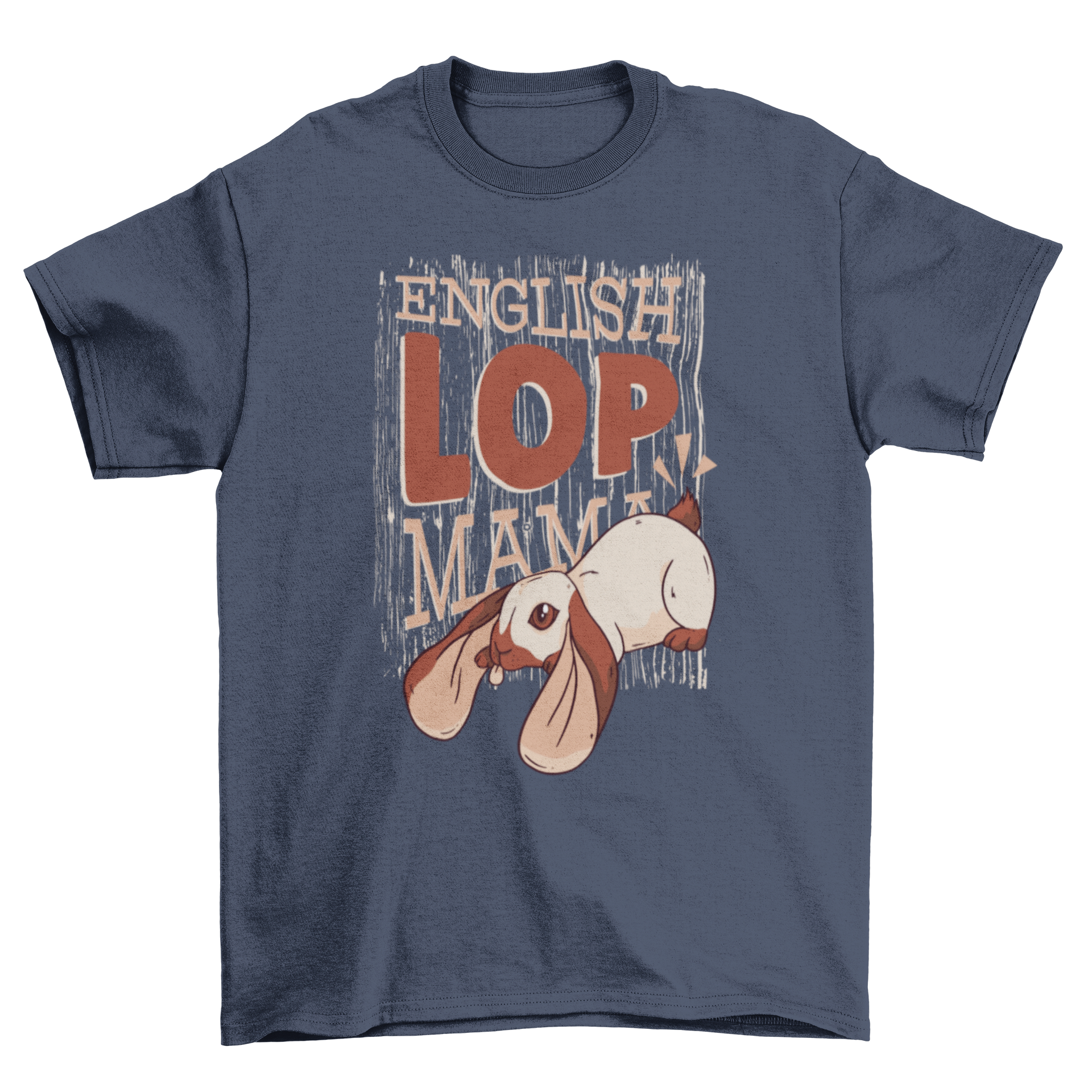 A stylish English Lop Mama T-shirt featuring a brown caption and a cute lop rabbit illustration.
