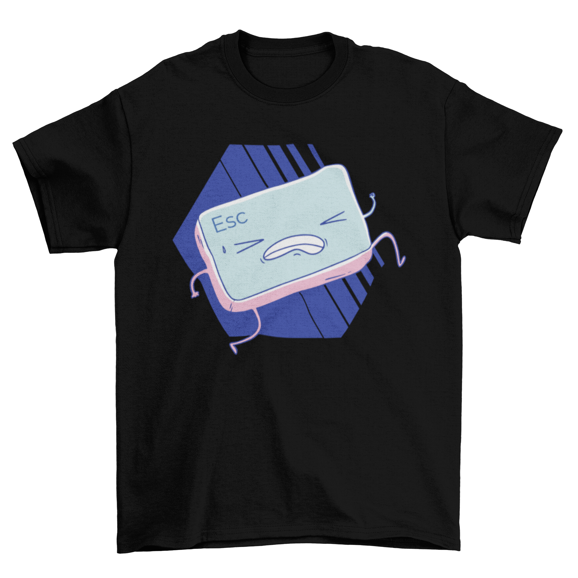 A humorous t-shirt design featuring a cartoon escape key running over a blue striped hexagon background, perfect for tech enthusiasts.