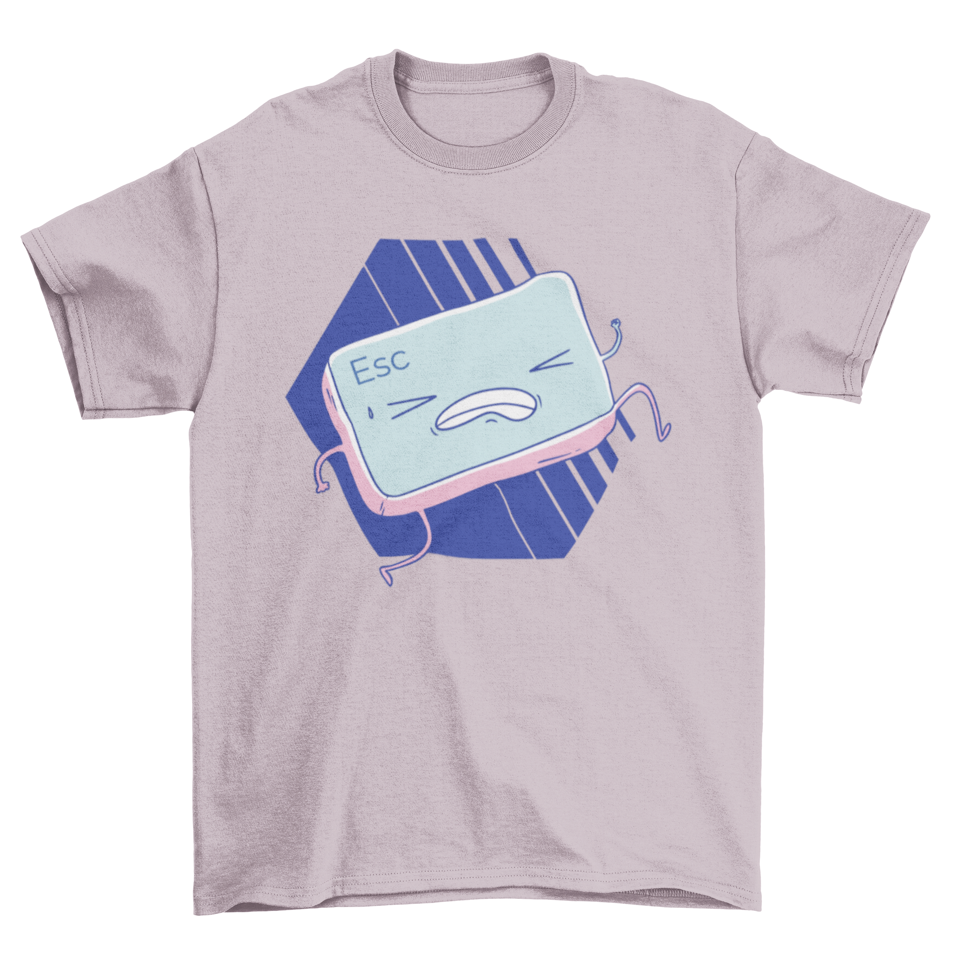 A humorous t-shirt design featuring a cartoon escape key running over a blue striped hexagon background, perfect for tech enthusiasts.