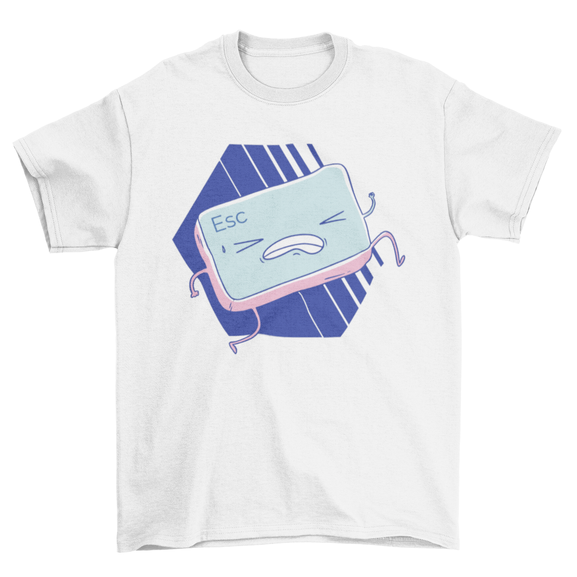 A humorous t-shirt design featuring a cartoon escape key running over a blue striped hexagon background, perfect for tech enthusiasts.
