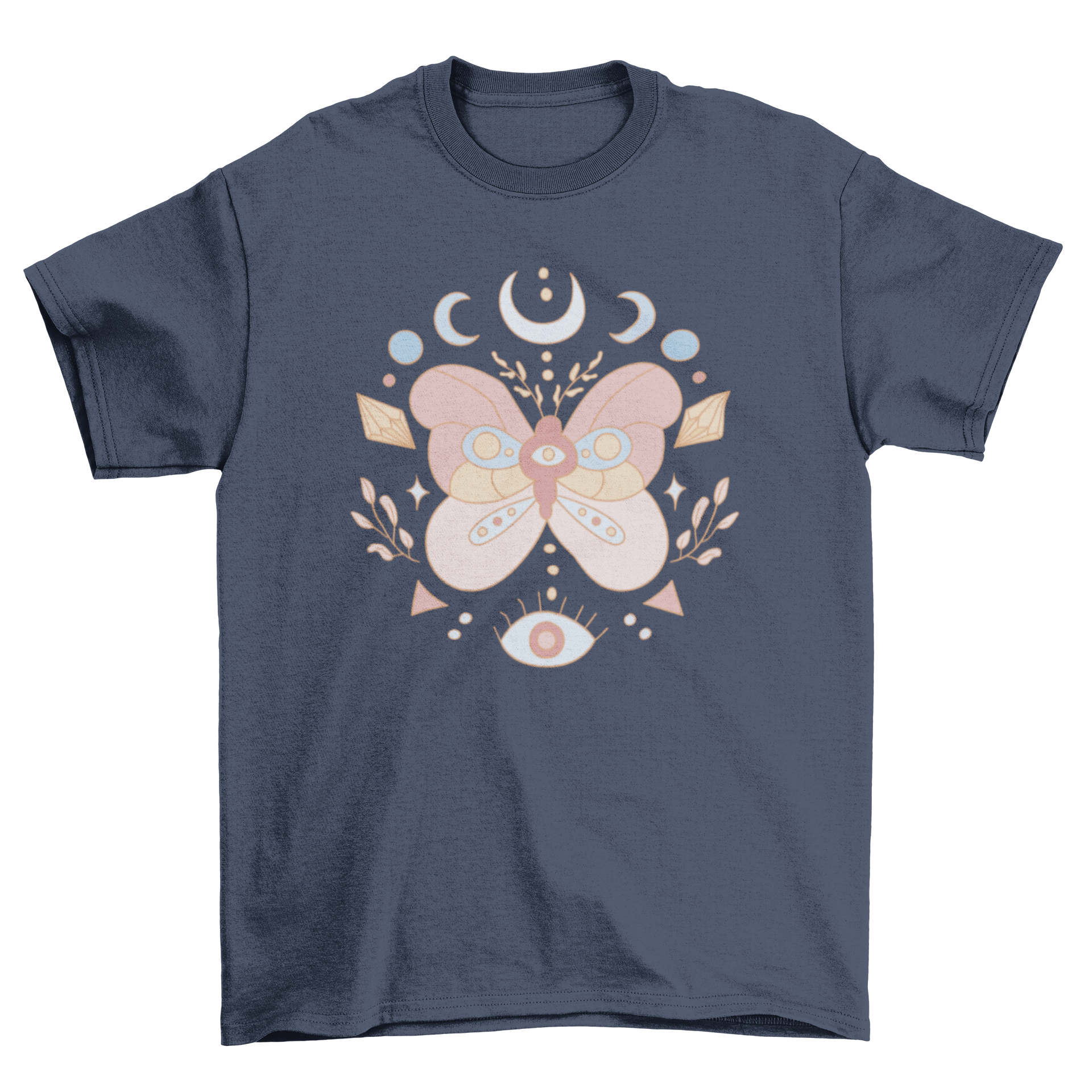 Esoteric butterfly t-shirt featuring a pastel butterfly design with mystical symbols, perfect for casual wear.