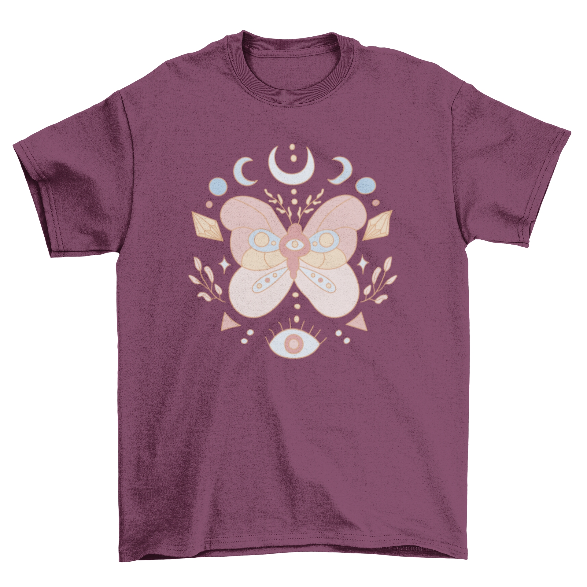 Esoteric butterfly t-shirt featuring a pastel butterfly design with mystical symbols, perfect for casual wear.