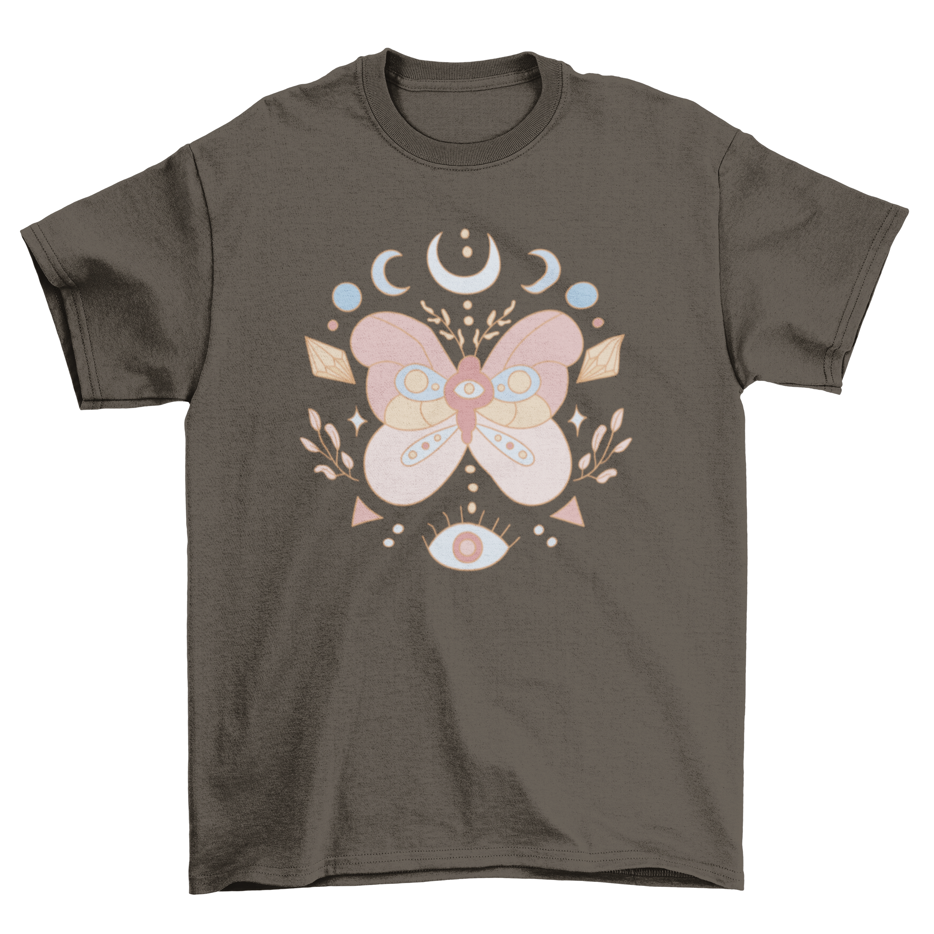 Esoteric butterfly t-shirt featuring a pastel butterfly design with mystical symbols, perfect for casual wear.