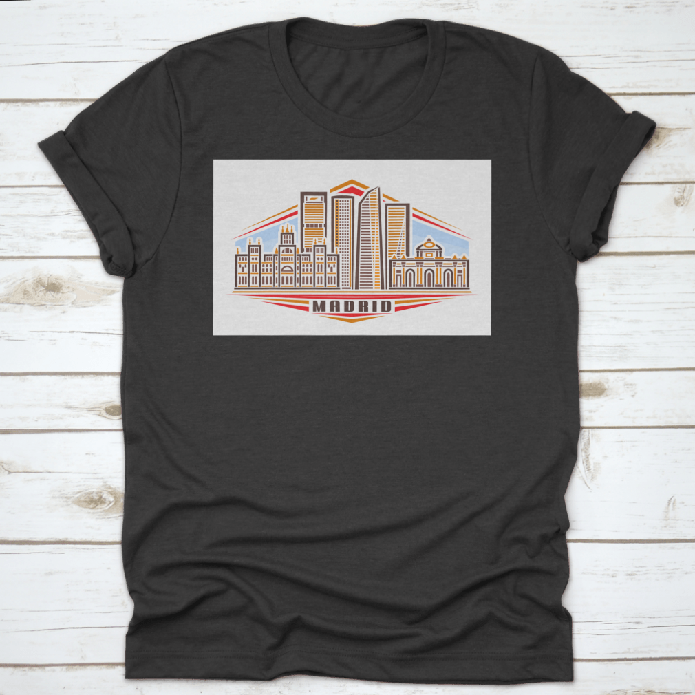 Stylish t-shirt featuring a European Madrid cityscape line art design on a soft cotton fabric.