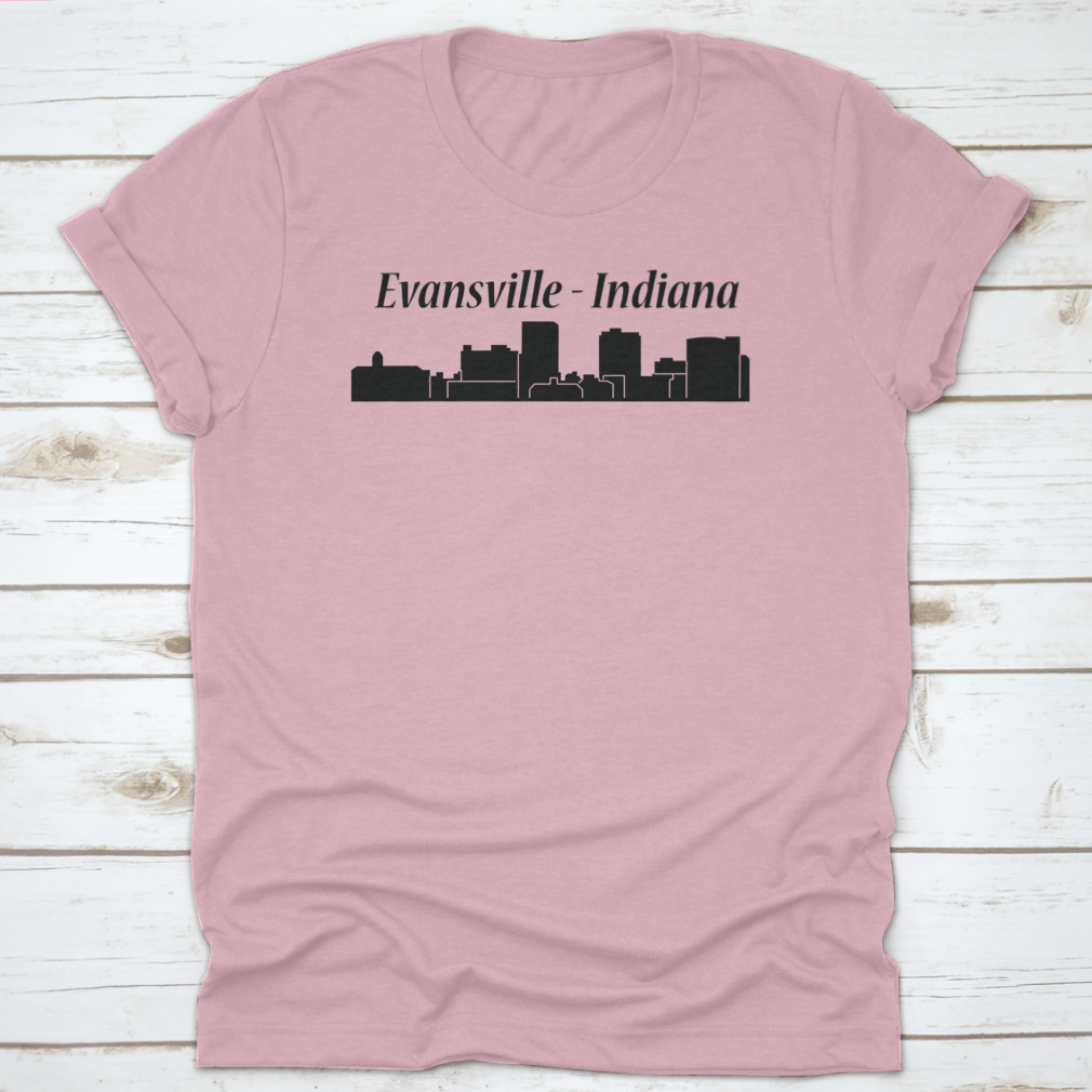 Evansville, Indiana skyline t-shirt featuring a vibrant yellow background and classic fit, made from 100% cotton.