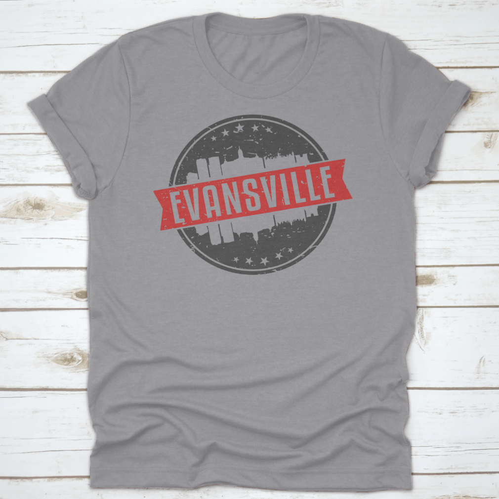 Evansville Indiana Round Travel Stamp Icon Skyline City Design Seal shirt, showcasing a unique skyline design on a comfortable cotton fabric.