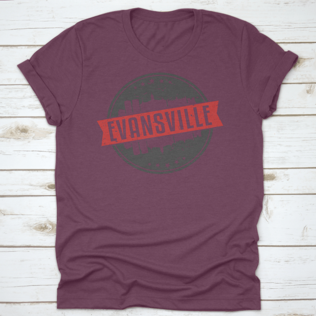 Evansville Indiana Round Travel Stamp Icon Skyline City Design Seal shirt, showcasing a unique skyline design on a comfortable cotton fabric.