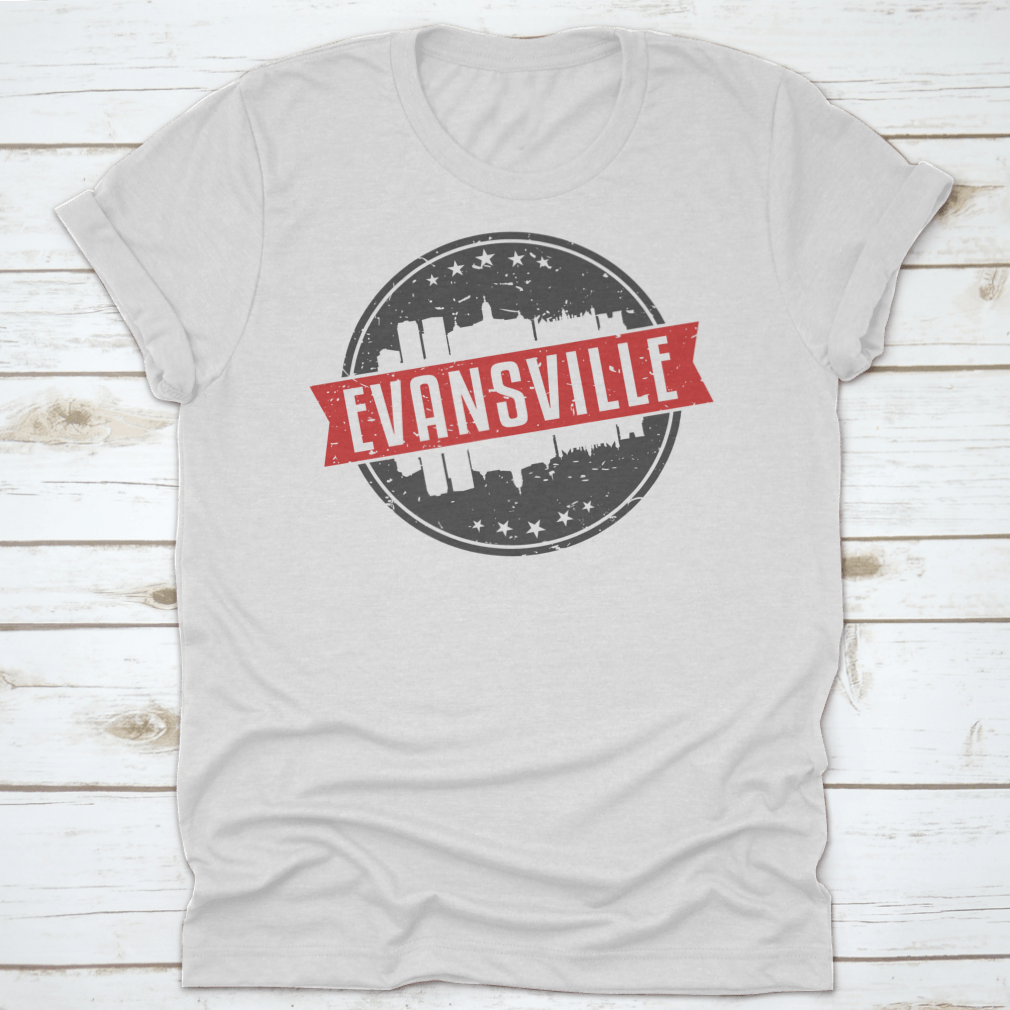 Evansville Indiana Round Travel Stamp Icon Skyline City Design Seal shirt, showcasing a unique skyline design on a comfortable cotton fabric.