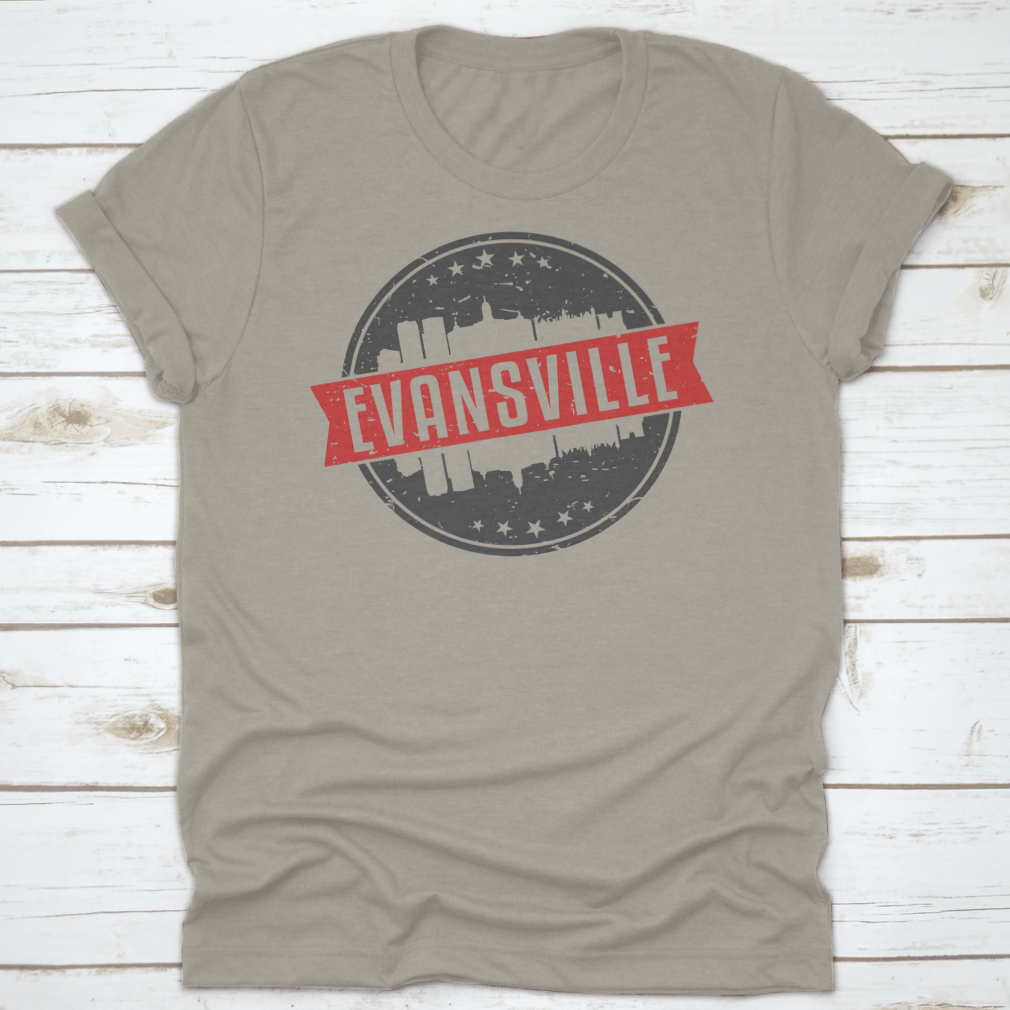 Evansville Indiana Round Travel Stamp Icon Skyline City Design Seal shirt, showcasing a unique skyline design on a comfortable cotton fabric.