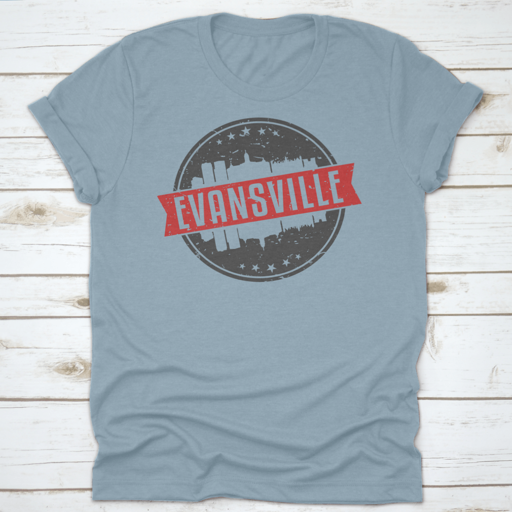 Evansville Indiana Round Travel Stamp Icon Skyline City Design Seal shirt, showcasing a unique skyline design on a comfortable cotton fabric.