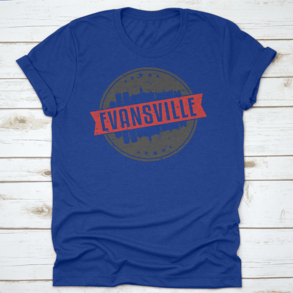 Evansville Indiana Round Travel Stamp Icon Skyline City Design Seal shirt, showcasing a unique skyline design on a comfortable cotton fabric.