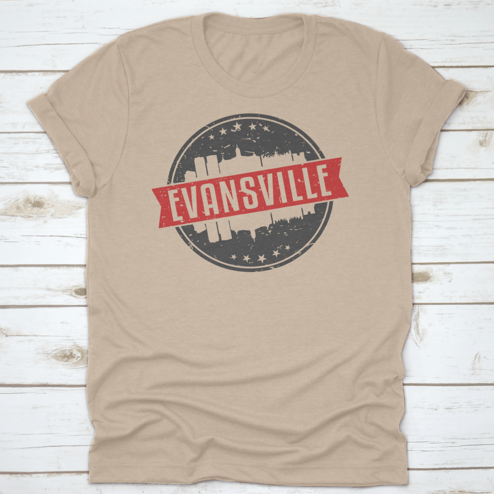 Evansville Indiana Round Travel Stamp Icon Skyline City Design Seal shirt, showcasing a unique skyline design on a comfortable cotton fabric.