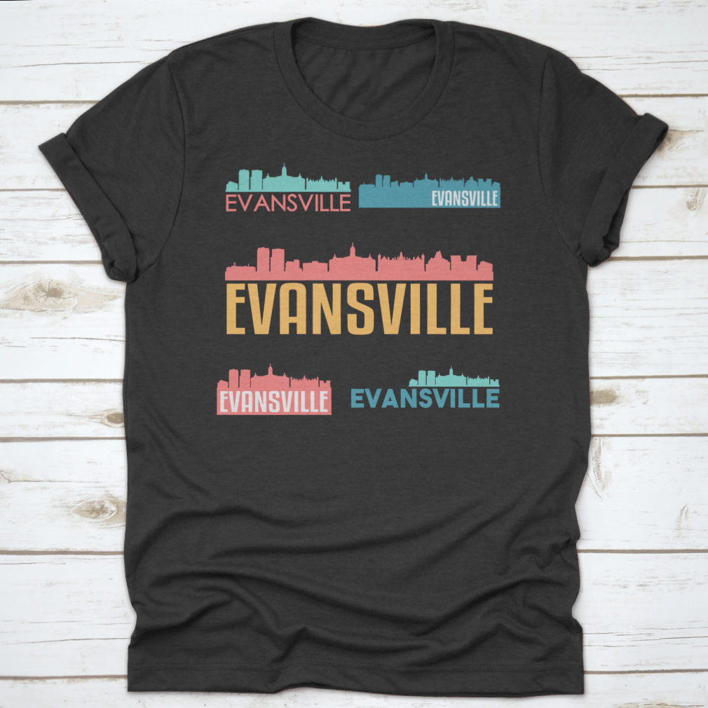 Evansville Indiana skyline silhouette vector design set featuring iconic buildings and structures in a flat style.