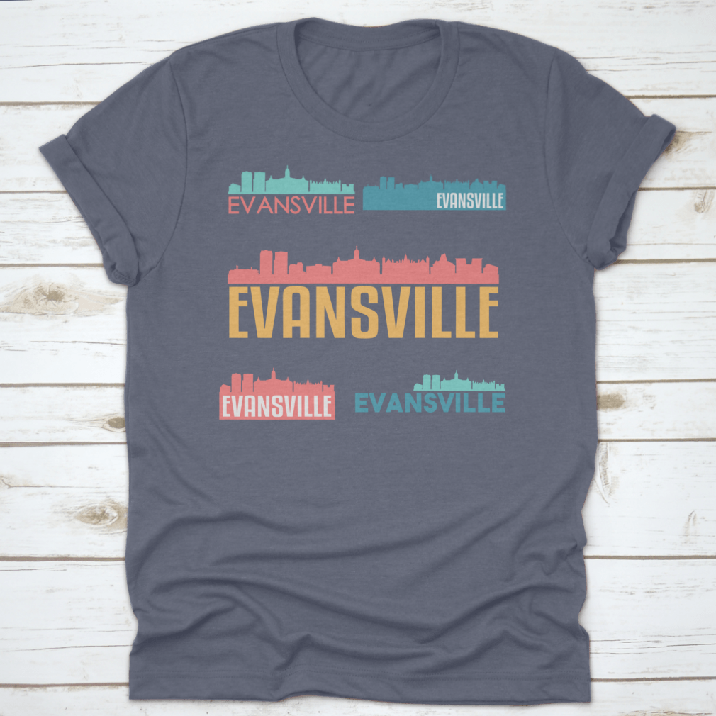 Evansville Indiana skyline silhouette vector design set featuring iconic buildings and structures in a flat style.