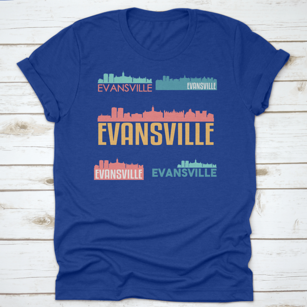 Evansville Indiana skyline silhouette vector design set featuring iconic buildings and structures in a flat style.