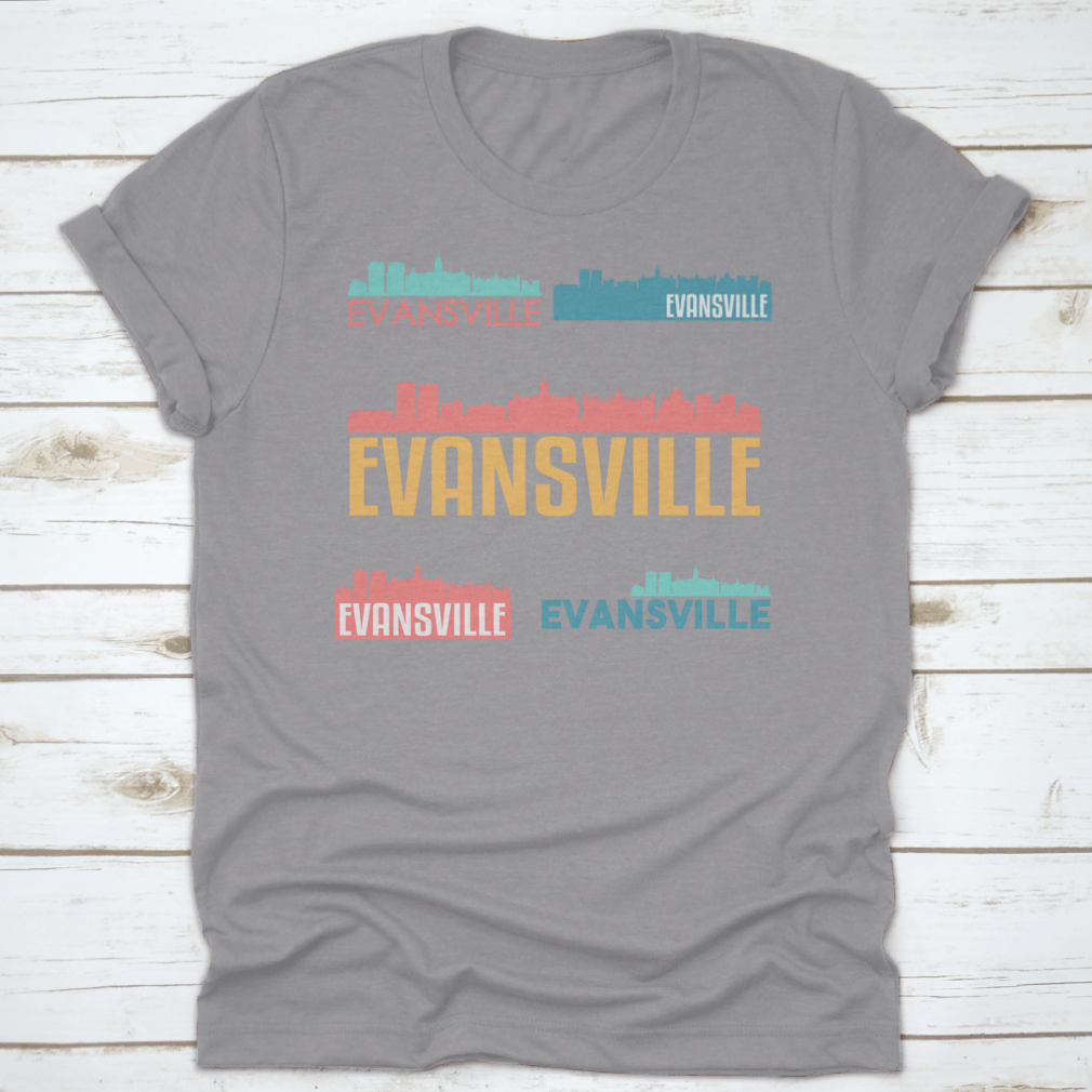 Evansville Indiana skyline silhouette vector design set featuring iconic buildings and structures in a flat style.
