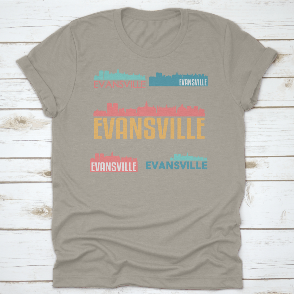 Evansville Indiana skyline silhouette vector design set featuring iconic buildings and structures in a flat style.