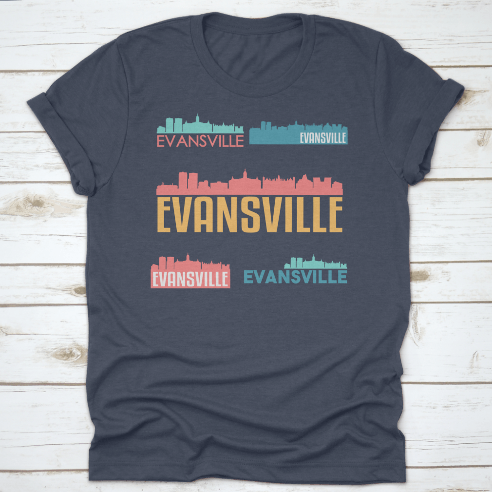 Evansville Indiana skyline silhouette vector design set featuring iconic buildings and structures in a flat style.