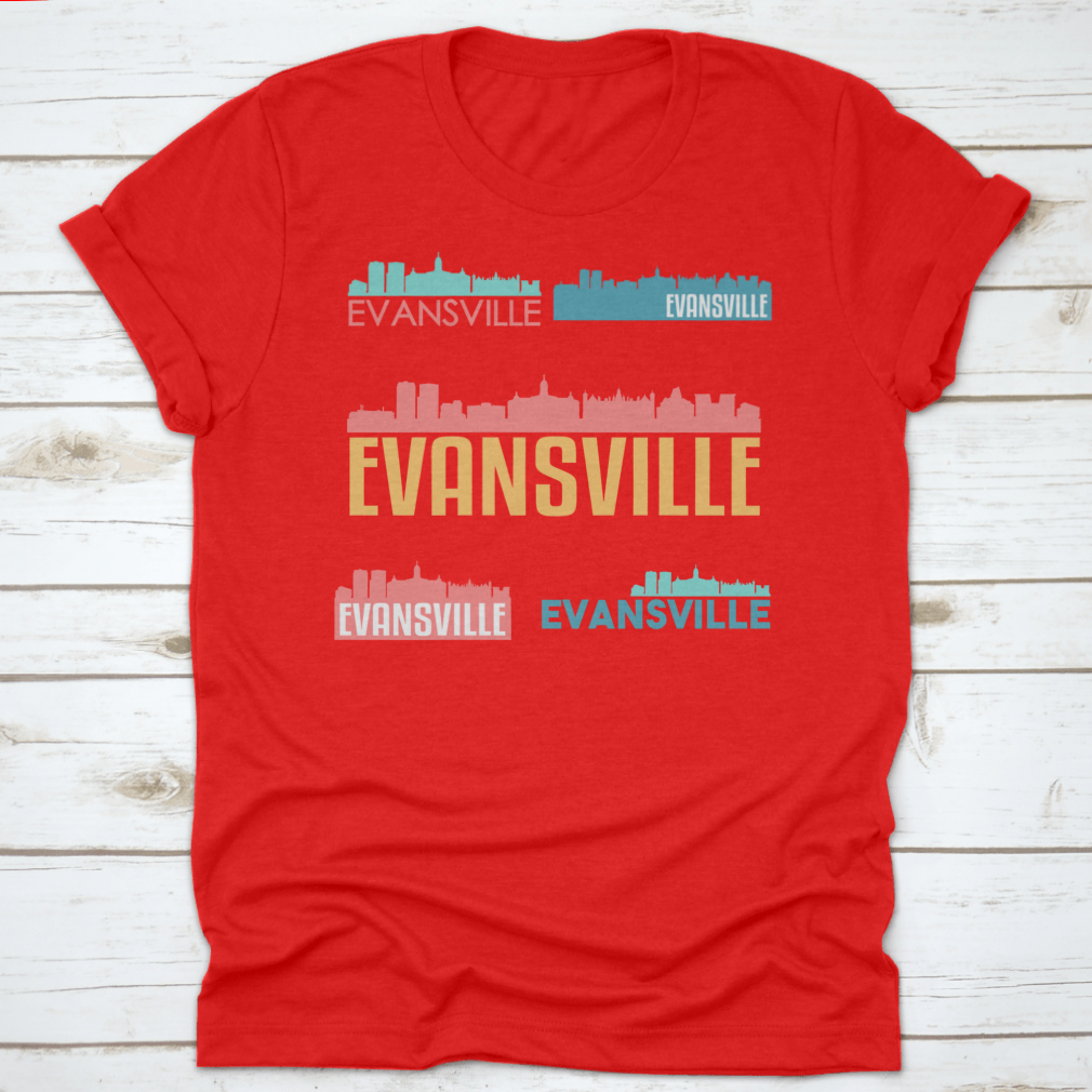 Evansville Indiana skyline silhouette vector design set featuring iconic buildings and structures in a flat style.