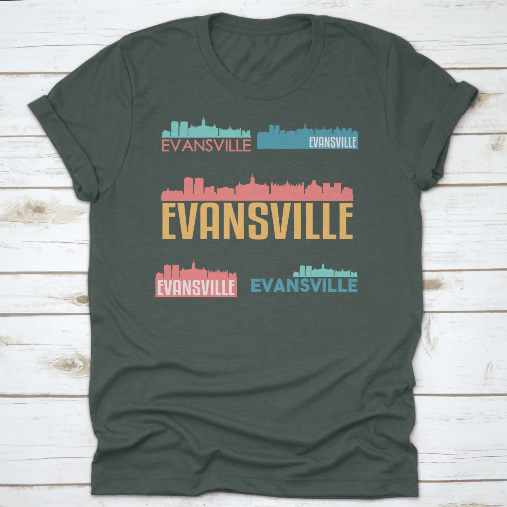 Evansville Indiana skyline silhouette vector design set featuring iconic buildings and structures in a flat style.