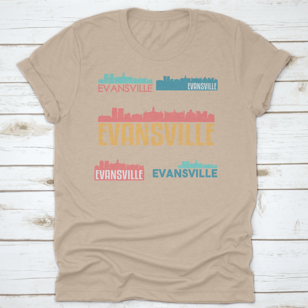 Evansville Indiana skyline silhouette vector design set featuring iconic buildings and structures in a flat style.