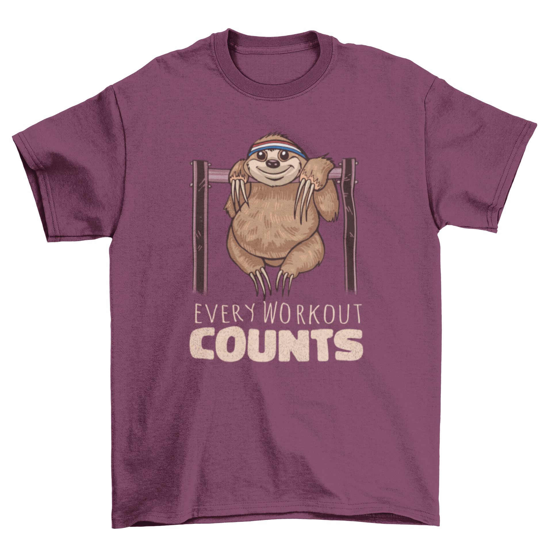 Every Workout Counts T-shirt featuring a sloth lifting weights with a humorous quote.