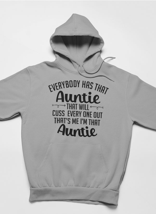 Cozy hoodie featuring a humorous design about an auntie who cusses everyone out, made from soft cotton/poly fleece blend.