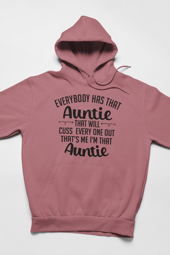 Cozy hoodie featuring a humorous design about an auntie who cusses everyone out, made from soft cotton/poly fleece blend.