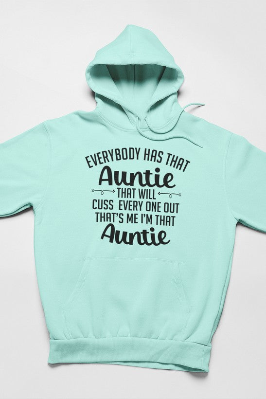 Cozy hoodie featuring a humorous design about an auntie who cusses everyone out, made from soft cotton/poly fleece blend.