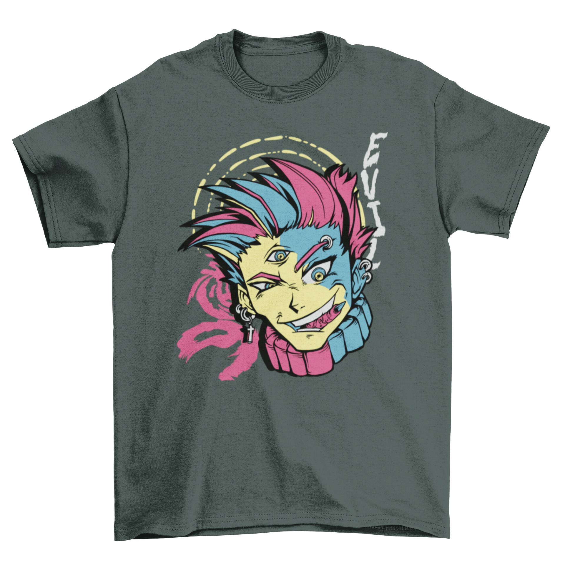 Evil anime villain boy t-shirt featuring a unique design of an anime boy eating a finger, showcasing vibrant colors and intricate details.