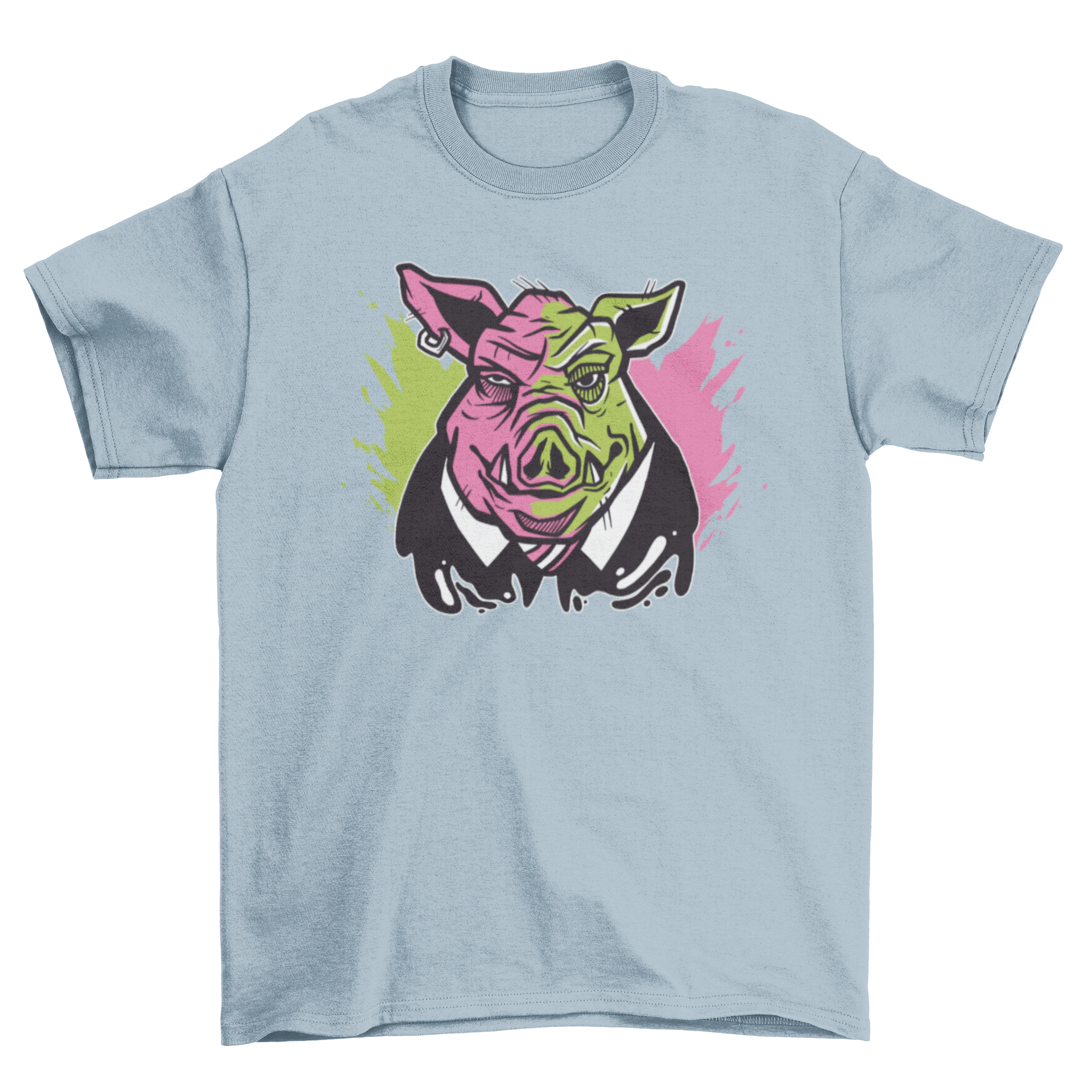 Evil pig illustration t-shirt featuring a pig in a fancy suit with a mischievous grin.