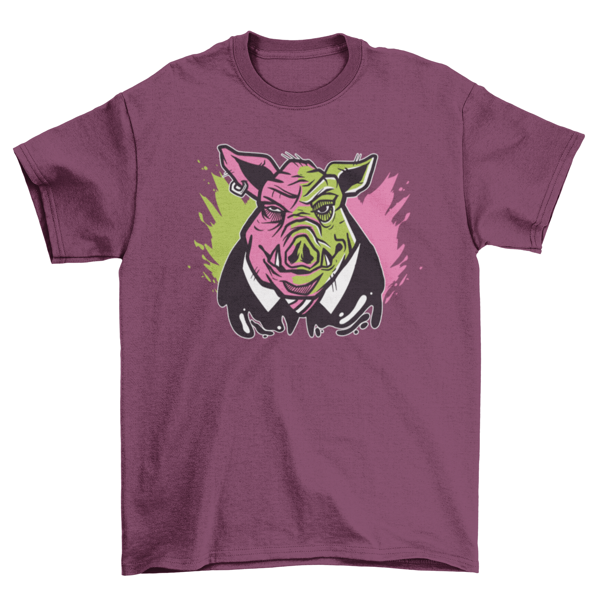 Evil pig illustration t-shirt featuring a pig in a fancy suit with a mischievous grin.