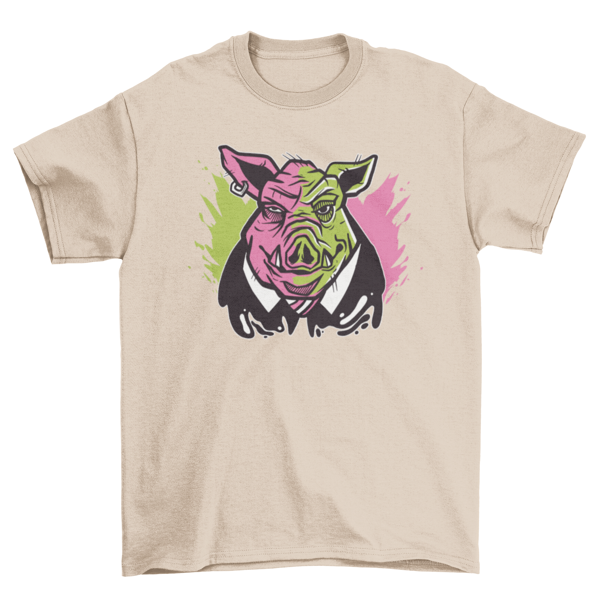 Evil pig illustration t-shirt featuring a pig in a fancy suit with a mischievous grin.
