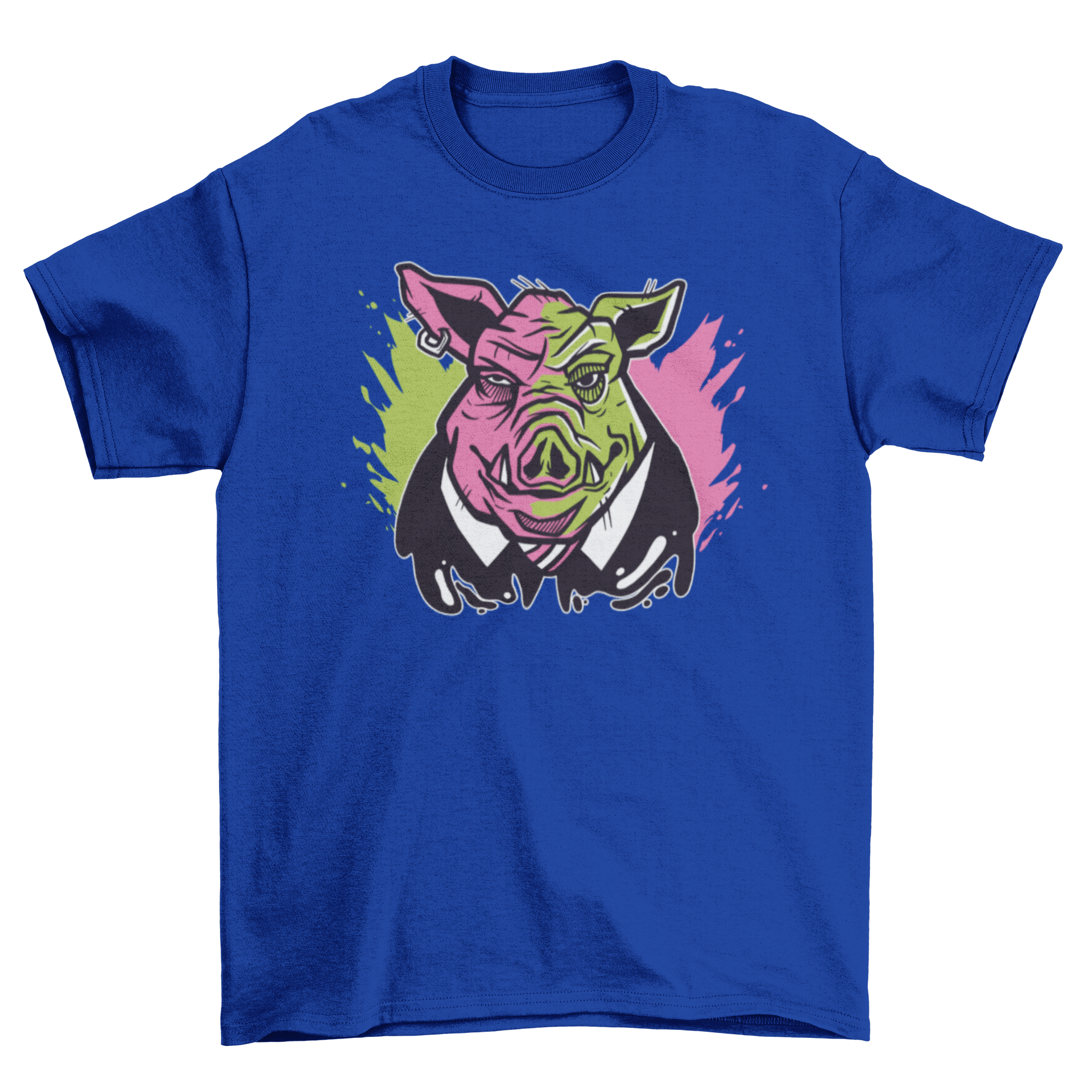 Evil pig illustration t-shirt featuring a pig in a fancy suit with a mischievous grin.