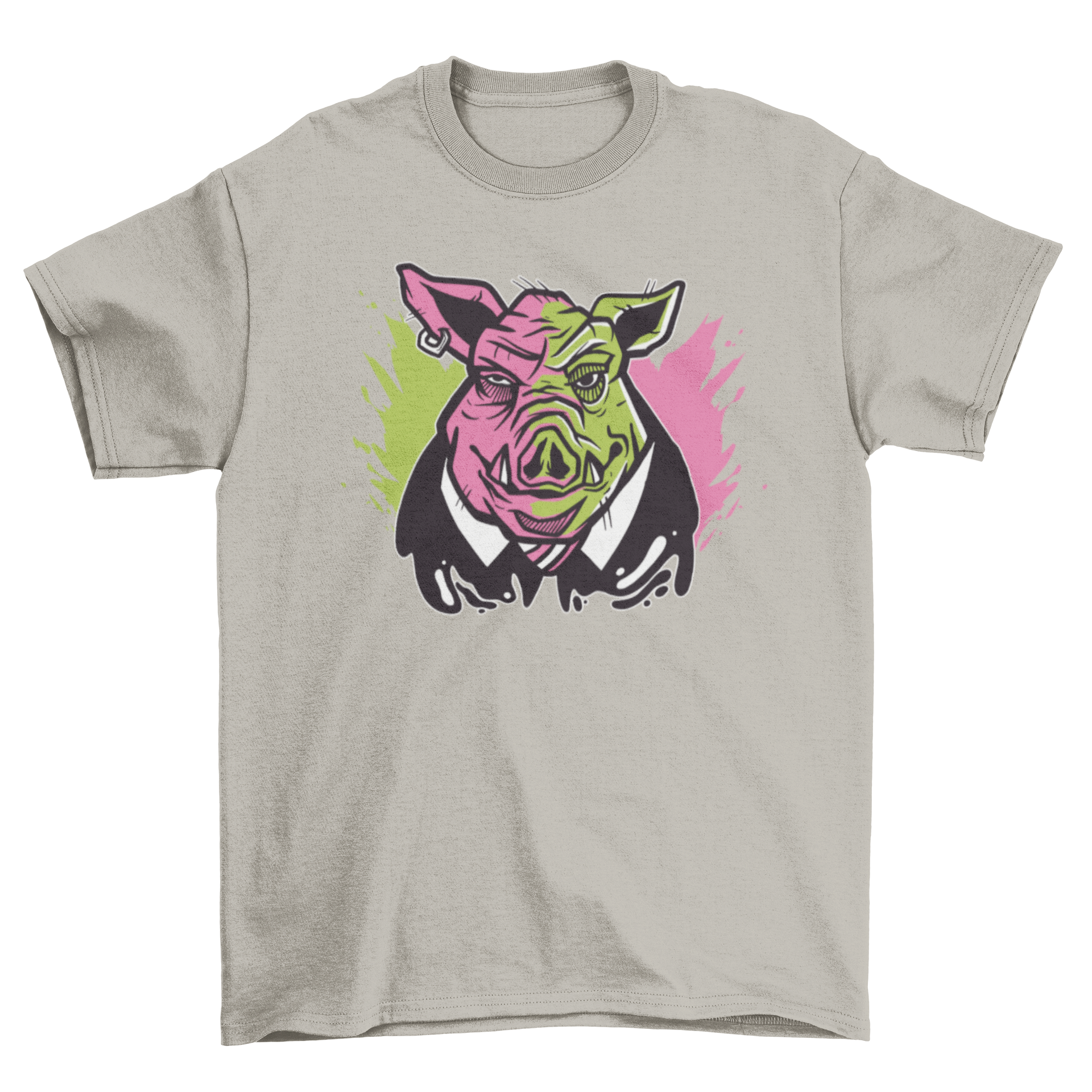 Evil pig illustration t-shirt featuring a pig in a fancy suit with a mischievous grin.