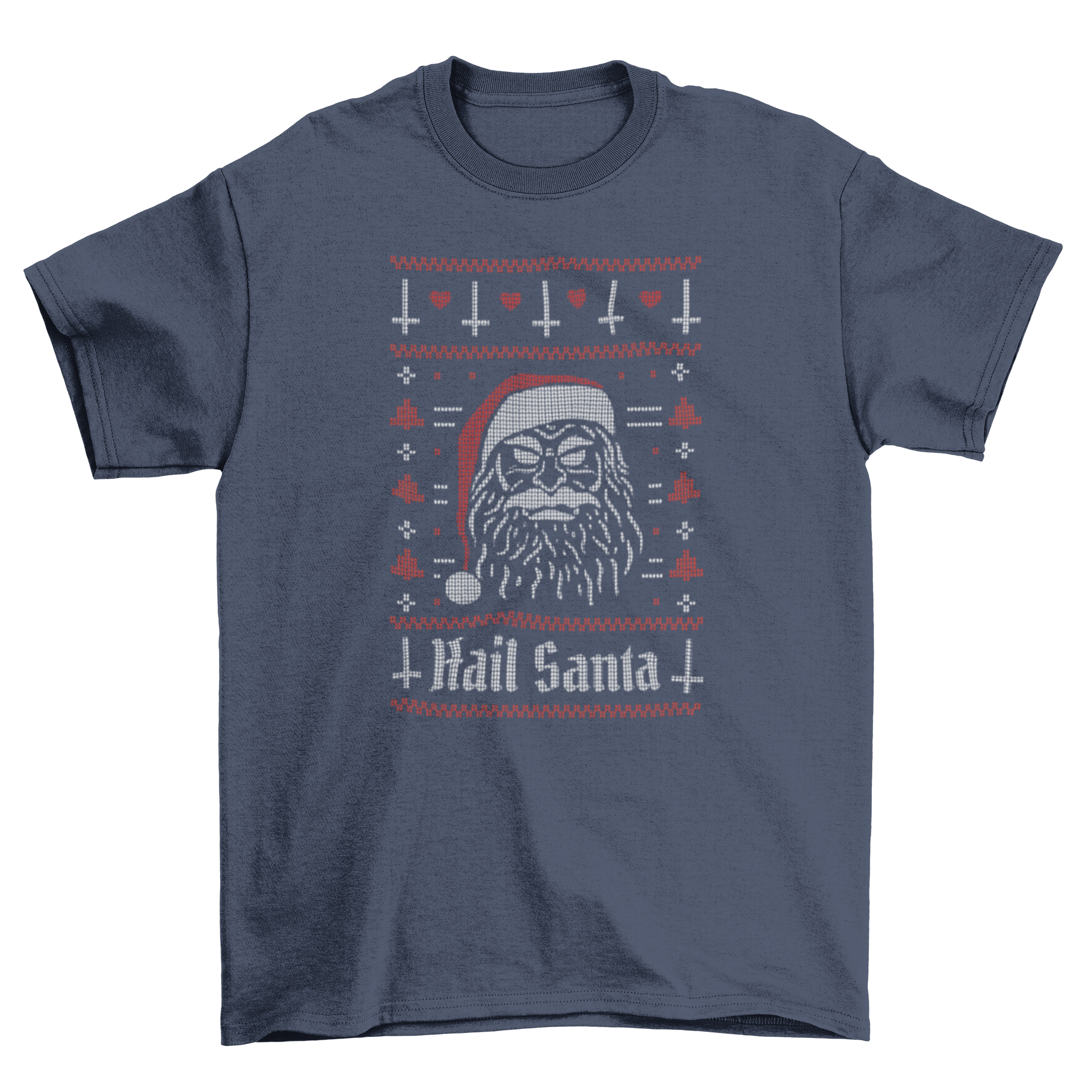 Evil Santa Christmas sweater t-shirt featuring Santa Claus and the quote 'Hail Santa' in a fun design.