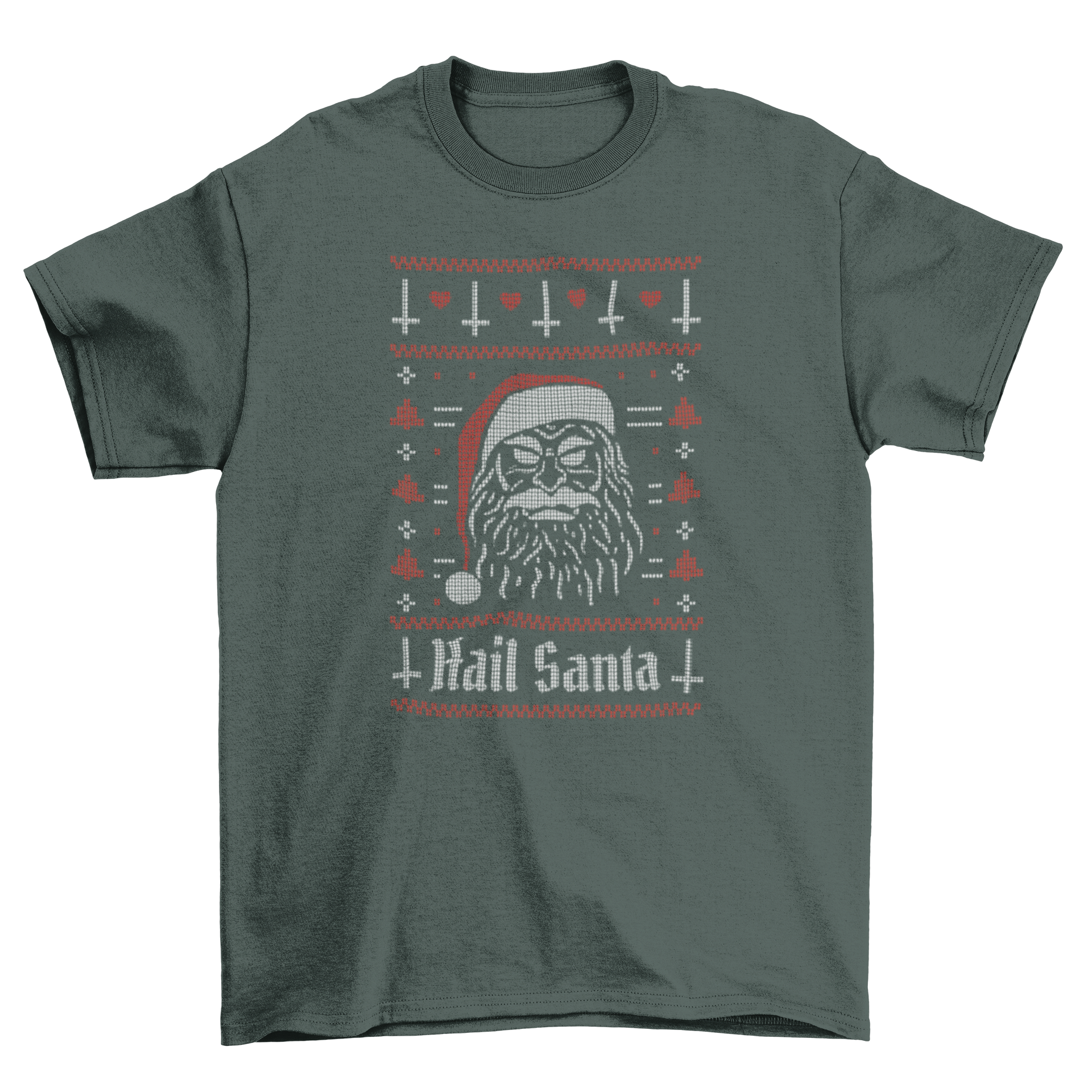 Evil Santa Christmas sweater t-shirt featuring Santa Claus and the quote 'Hail Santa' in a fun design.