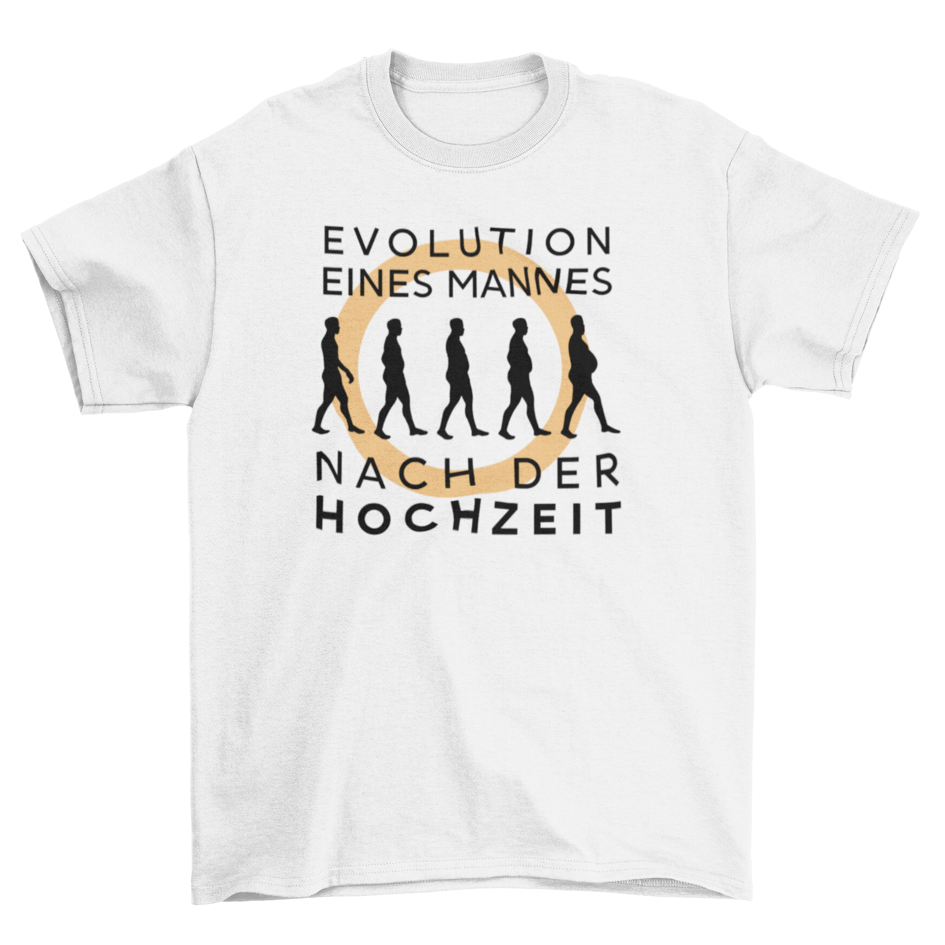 A stylish t-shirt featuring the German quote 'Evolution eines mannes nach der hochzeit' in a modern design.