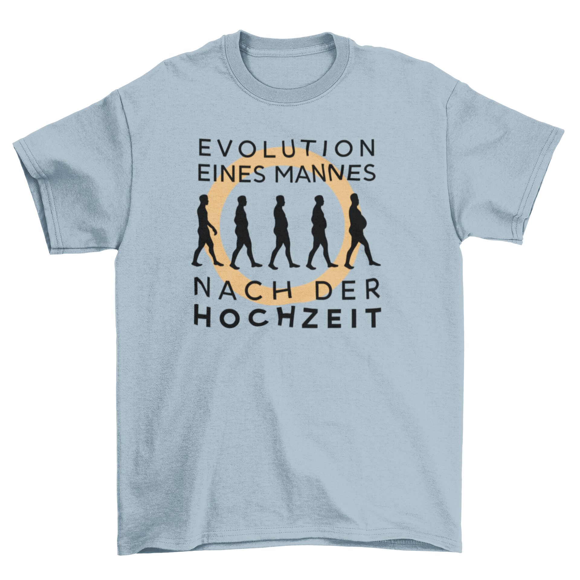 A stylish t-shirt featuring the German quote 'Evolution eines mannes nach der hochzeit' in a modern design.