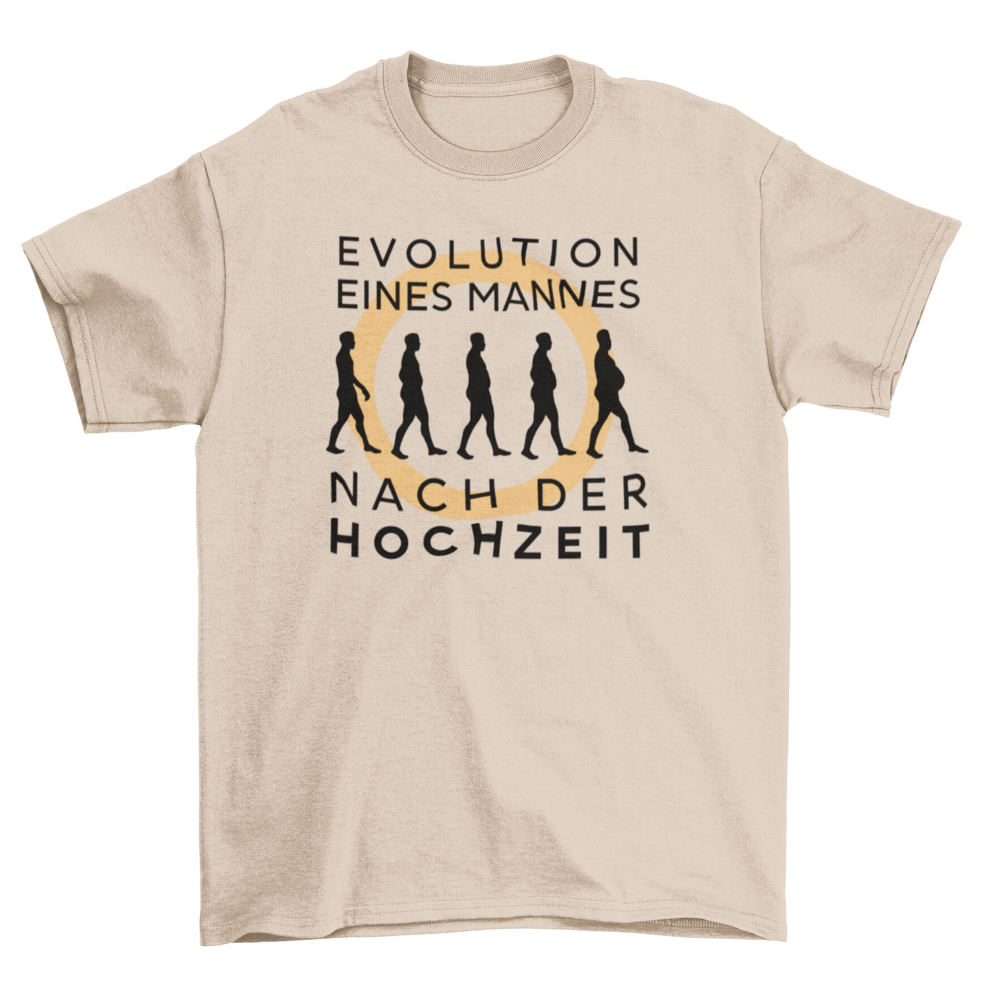 A stylish t-shirt featuring the German quote 'Evolution eines mannes nach der hochzeit' in a modern design.