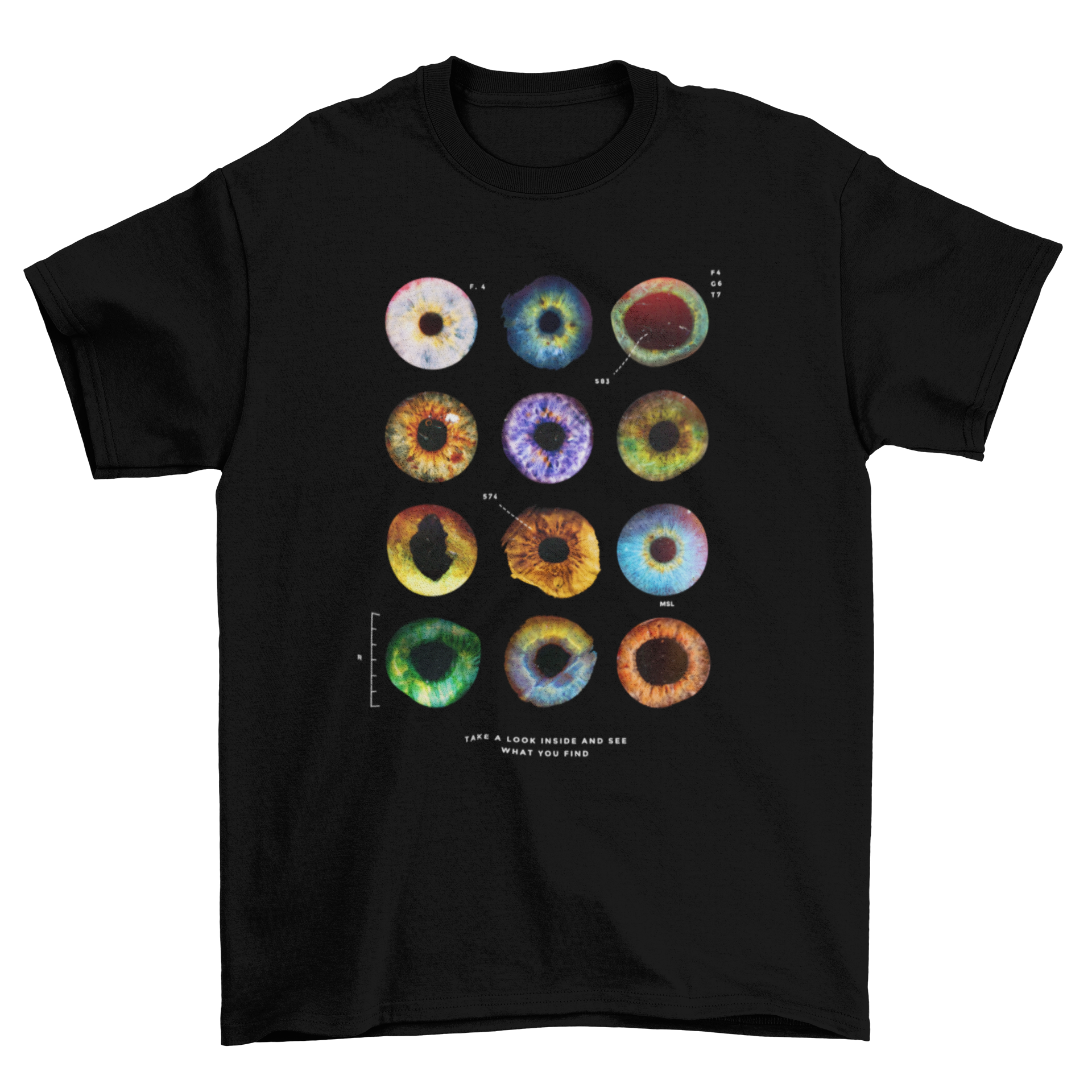Stylish t-shirt design featuring various eye iris colors and shapes, showcasing anatomical details.