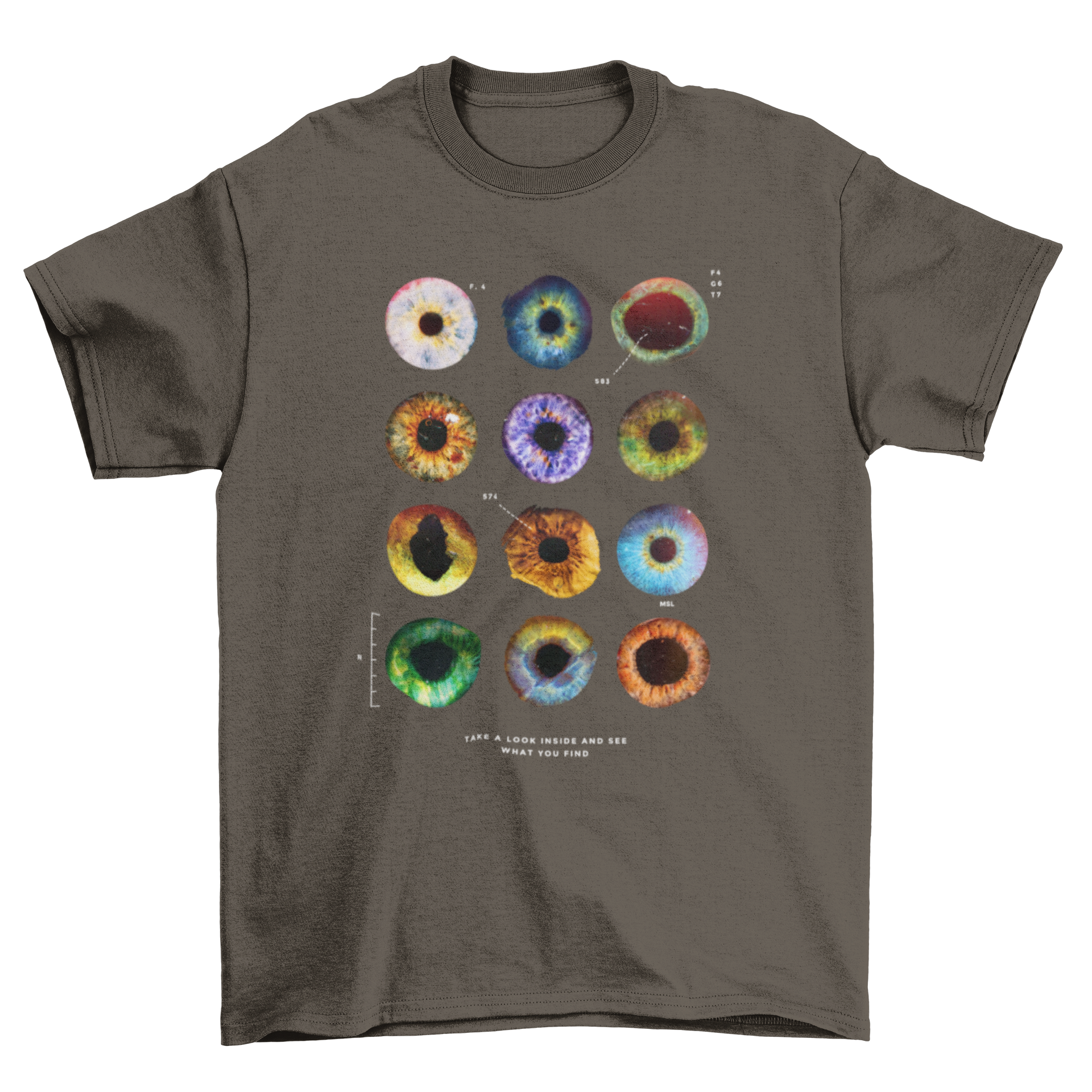 Stylish t-shirt design featuring various eye iris colors and shapes, showcasing anatomical details.
