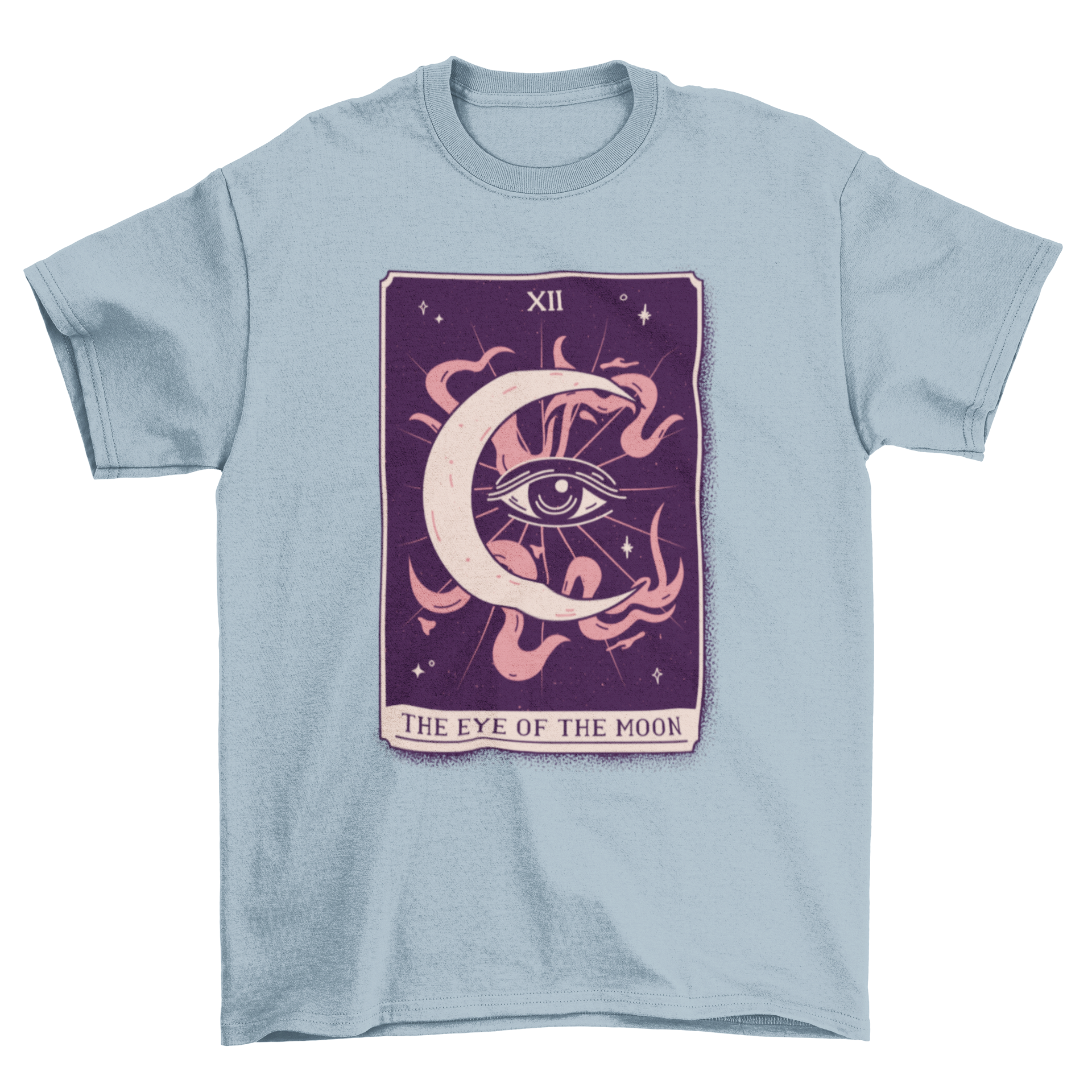 A stylish t-shirt featuring the eye of the moon design inspired by tarot cards, showcasing intricate details and vibrant colors.