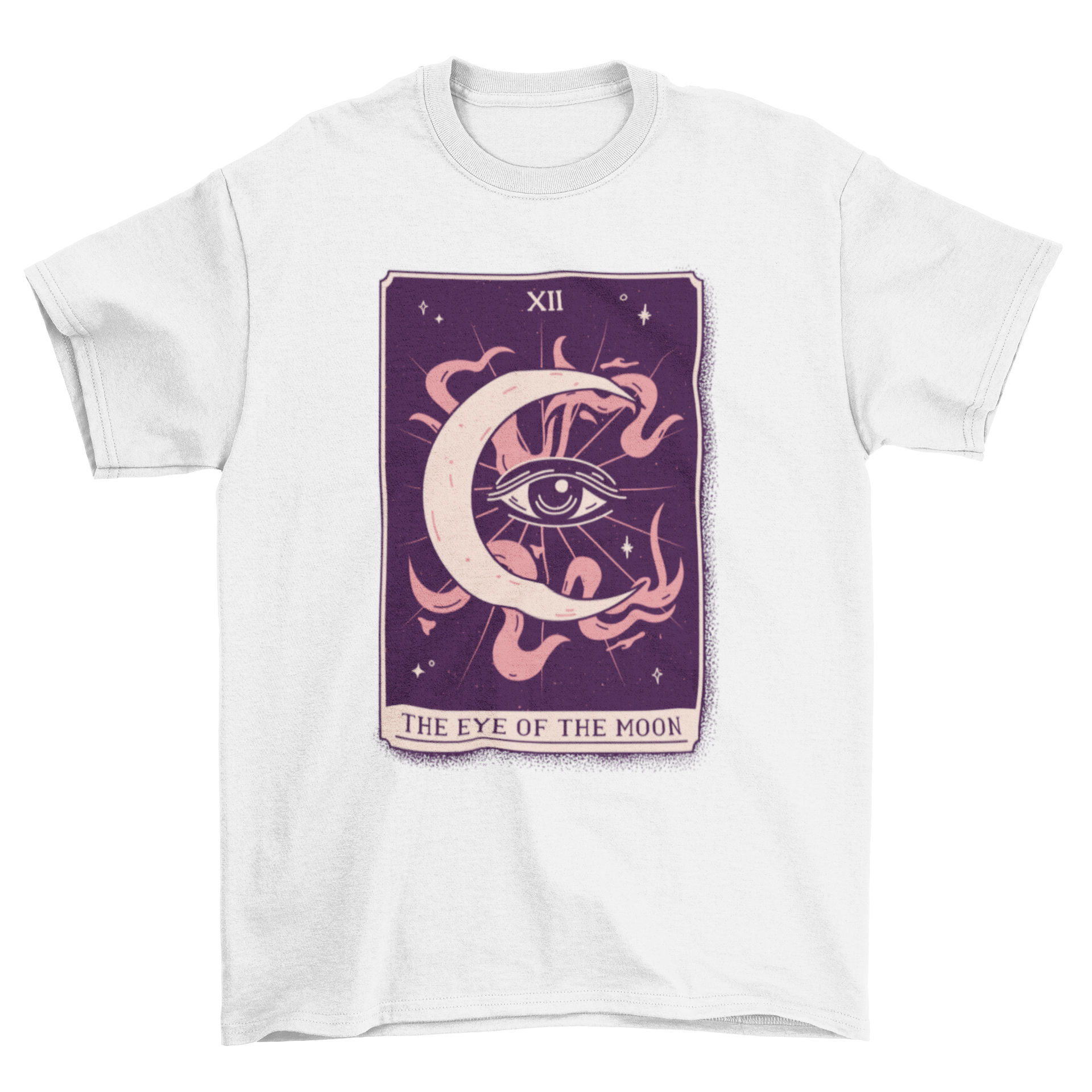 A stylish t-shirt featuring the eye of the moon design inspired by tarot cards, showcasing intricate details and vibrant colors.