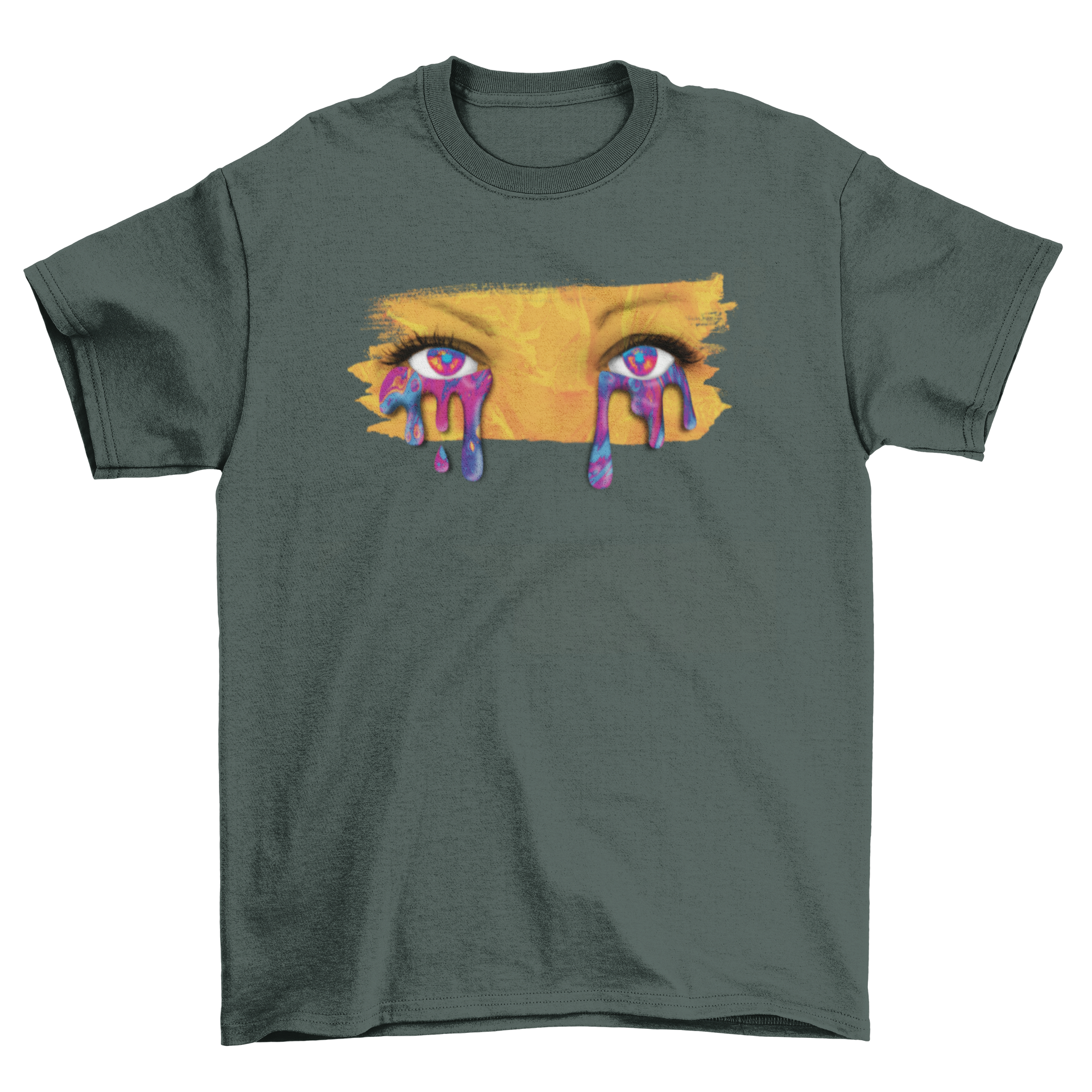A stylish t-shirt featuring a photographic design of eyes crying paint, showcasing vibrant colors and artistic expression.
