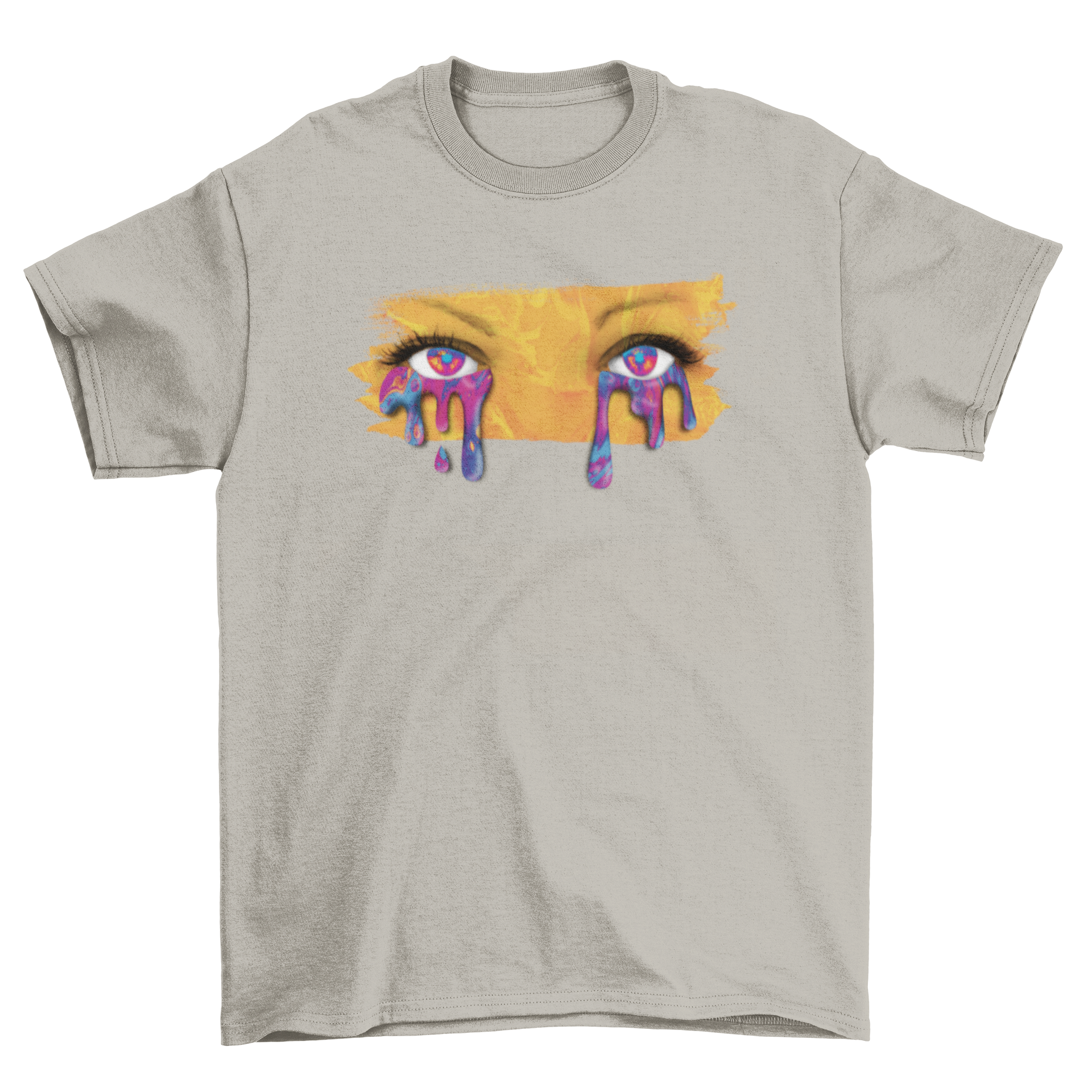 A stylish t-shirt featuring a photographic design of eyes crying paint, showcasing vibrant colors and artistic expression.