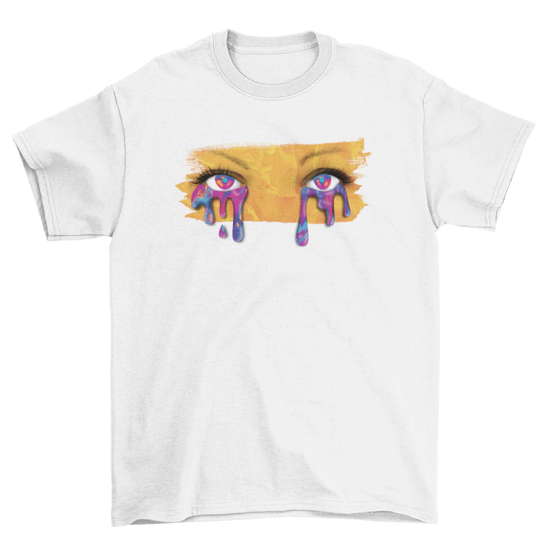A stylish t-shirt featuring a photographic design of eyes crying paint, showcasing vibrant colors and artistic expression.